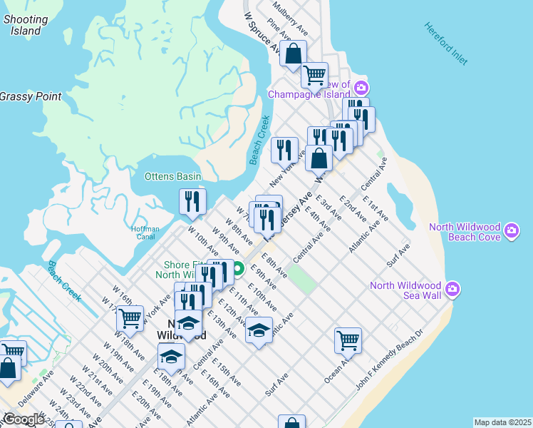 map of restaurants, bars, coffee shops, grocery stores, and more near 114 West 5th Avenue in North Wildwood