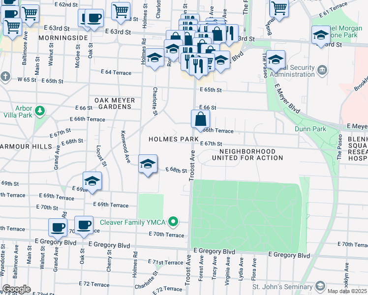 map of restaurants, bars, coffee shops, grocery stores, and more near in Kansas City