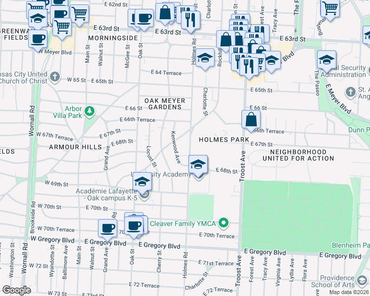 map of restaurants, bars, coffee shops, grocery stores, and more near 6707 Holmes Road in Kansas City
