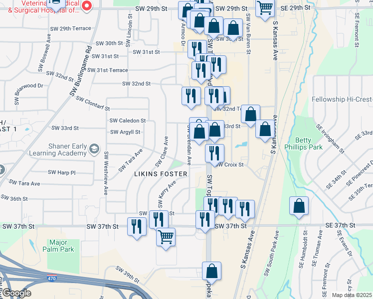 map of restaurants, bars, coffee shops, grocery stores, and more near 3393 Southwest Brendan Avenue in Topeka