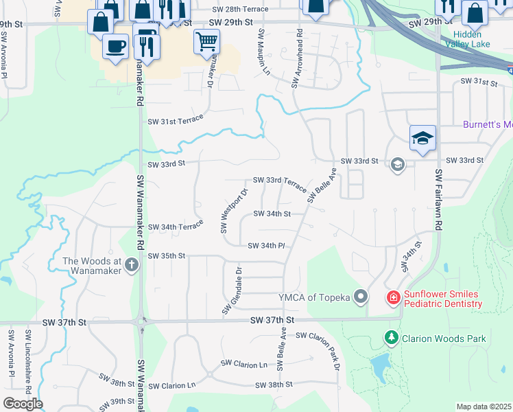 map of restaurants, bars, coffee shops, grocery stores, and more near 3352-3356 Southwest Westport Drive in Topeka