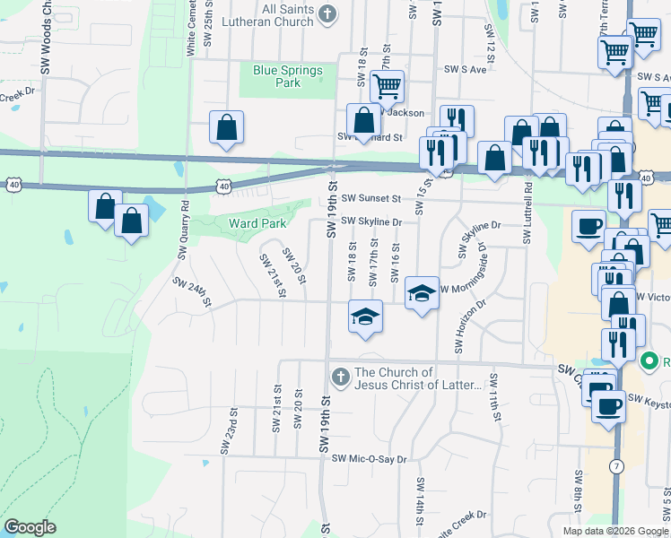 map of restaurants, bars, coffee shops, grocery stores, and more near 1104 Southwest 19th Street in Blue Springs