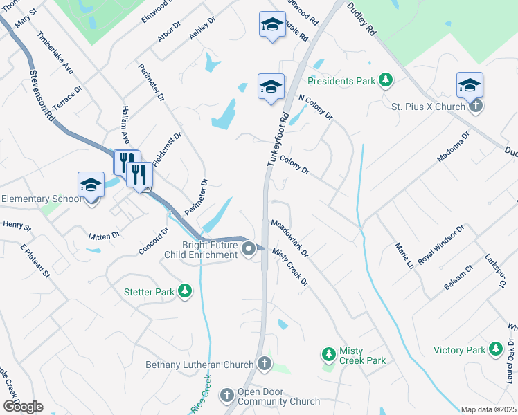 map of restaurants, bars, coffee shops, grocery stores, and more near 3340 Turkeyfoot Road in Edgewood