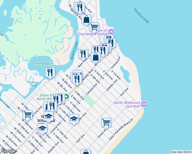 map of restaurants, bars, coffee shops, grocery stores, and more near 116 East 3rd Avenue in North Wildwood
