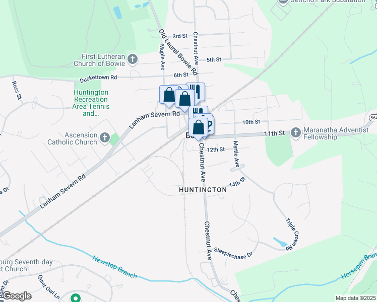map of restaurants, bars, coffee shops, grocery stores, and more near 13004 12th Street in Bowie