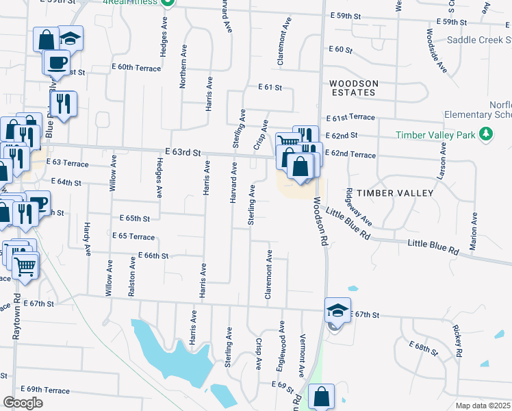 map of restaurants, bars, coffee shops, grocery stores, and more near 11201 East 64 Street in Raytown