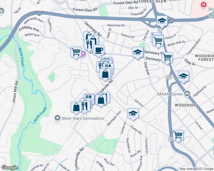 map of restaurants, bars, coffee shops, grocery stores, and more near 9155 Brookville Road in Silver Spring