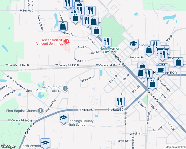 map of restaurants, bars, coffee shops, grocery stores, and more near 159 Hayden Pike in North Vernon