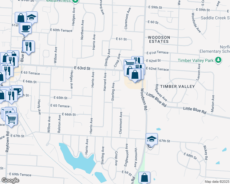 map of restaurants, bars, coffee shops, grocery stores, and more near 11201 East 64 Street in Raytown