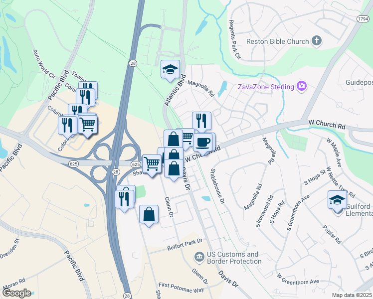 map of restaurants, bars, coffee shops, grocery stores, and more near 45441 Ruritan Circle in Sterling