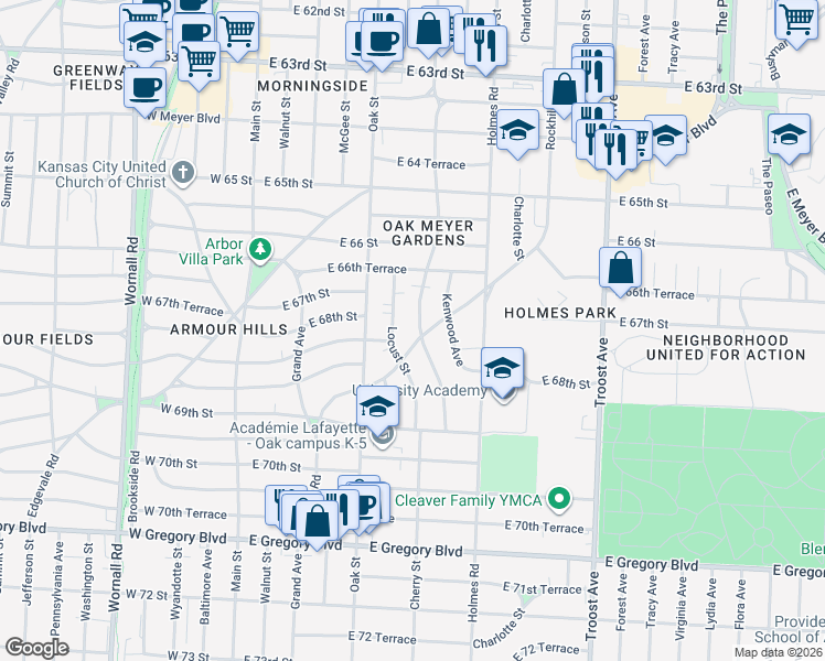 map of restaurants, bars, coffee shops, grocery stores, and more near 6724 Cherry Street in Kansas City