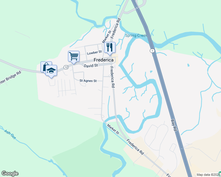 map of restaurants, bars, coffee shops, grocery stores, and more near 1229 Frederica Road in Frederica
