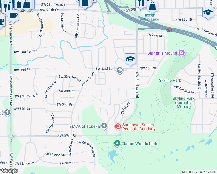 map of restaurants, bars, coffee shops, grocery stores, and more near 3335 Southwest Southbrook Court in Topeka