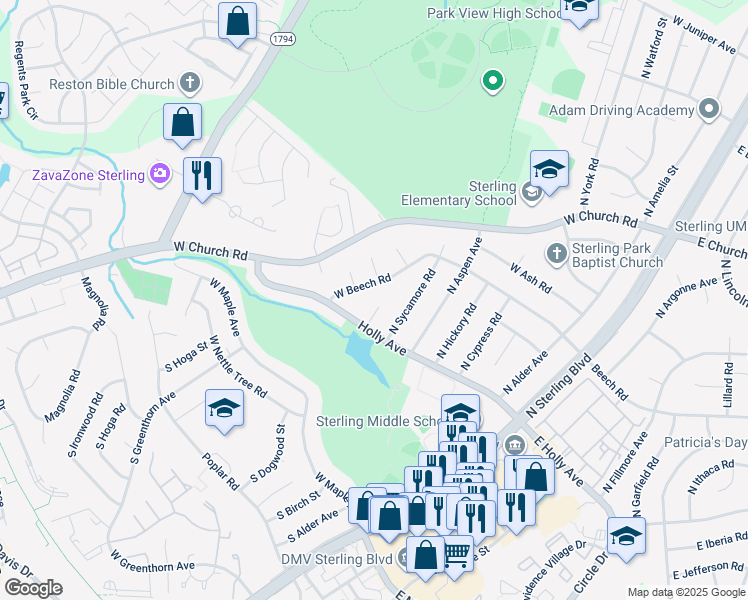 map of restaurants, bars, coffee shops, grocery stores, and more near 107 Sequoia Court in Sterling