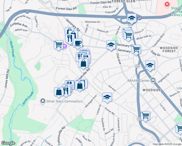 map of restaurants, bars, coffee shops, grocery stores, and more near 9150 Warren Street in Silver Spring