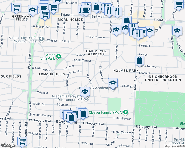map of restaurants, bars, coffee shops, grocery stores, and more near 6724 Cherry Street in Kansas City