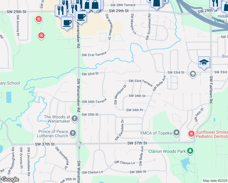 map of restaurants, bars, coffee shops, grocery stores, and more near 5716 Southwest Westport Circle in Topeka