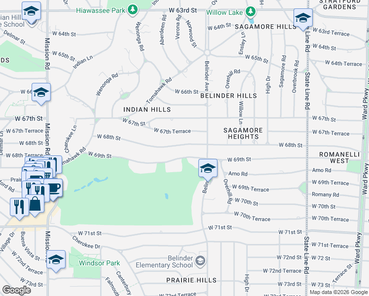 map of restaurants, bars, coffee shops, grocery stores, and more near 2811 West 68th Street in Mission Hills