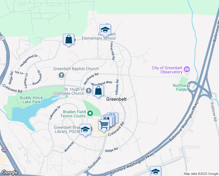 map of restaurants, bars, coffee shops, grocery stores, and more near 5 Forest Way in Greenbelt