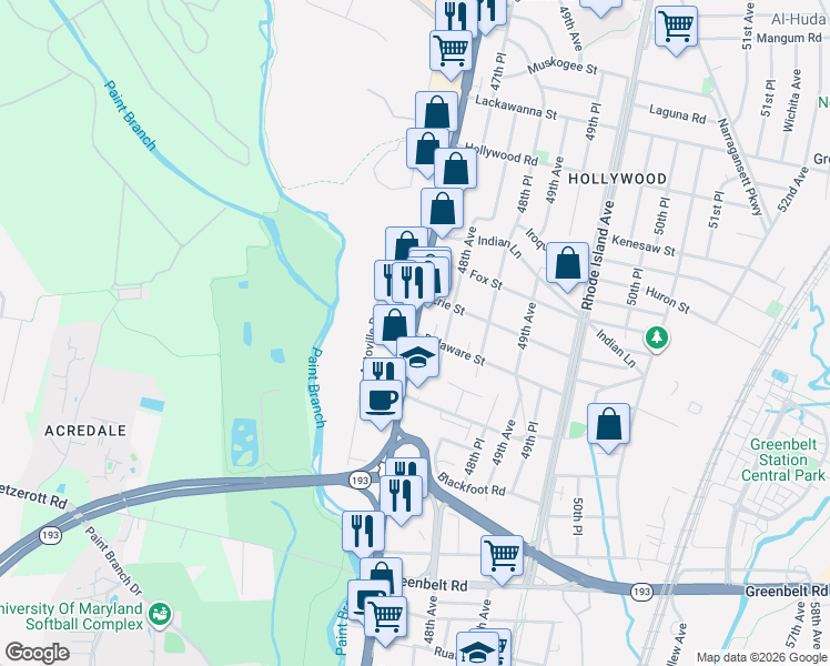 map of restaurants, bars, coffee shops, grocery stores, and more near Baltimore Ave & Delaware St in College Park
