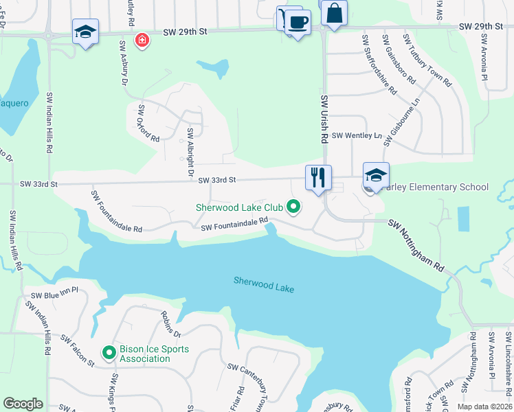 map of restaurants, bars, coffee shops, grocery stores, and more near 3342-3398 SW Friar Rd in Topeka