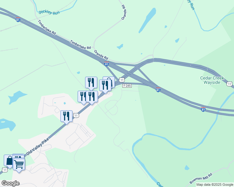 map of restaurants, bars, coffee shops, grocery stores, and more near 50 Fort Bowman Road in Strasburg