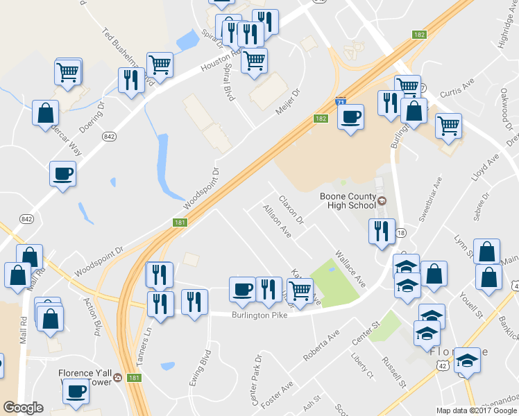 map of restaurants, bars, coffee shops, grocery stores, and more near 217 Allison Avenue in Florence