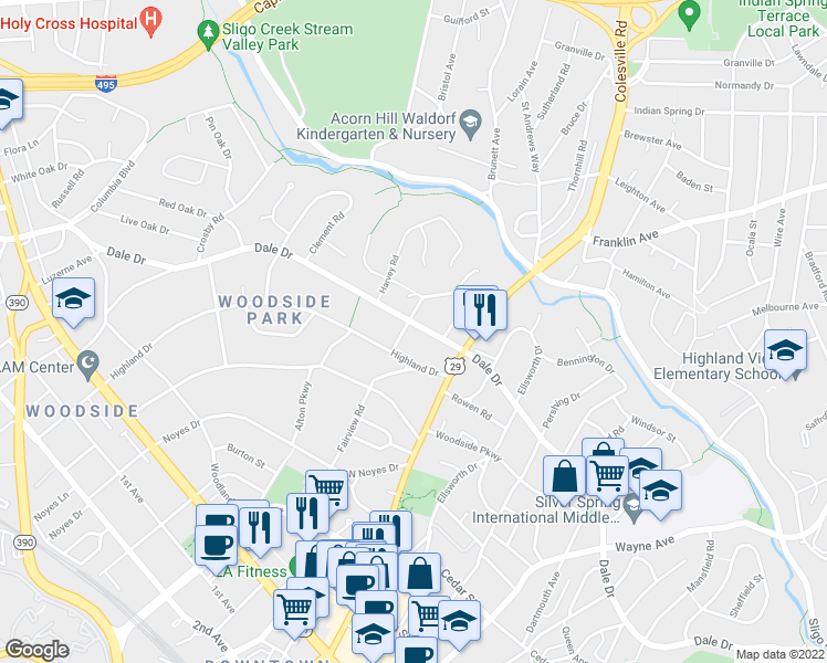 map of restaurants, bars, coffee shops, grocery stores, and more near 1010 Dale Drive in Silver Spring