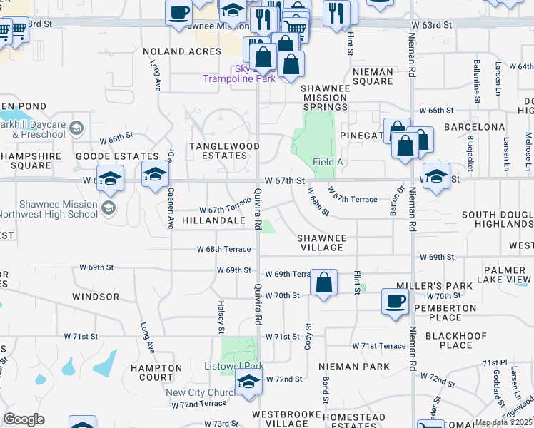 map of restaurants, bars, coffee shops, grocery stores, and more near 11815 Yager Lane in Shawnee