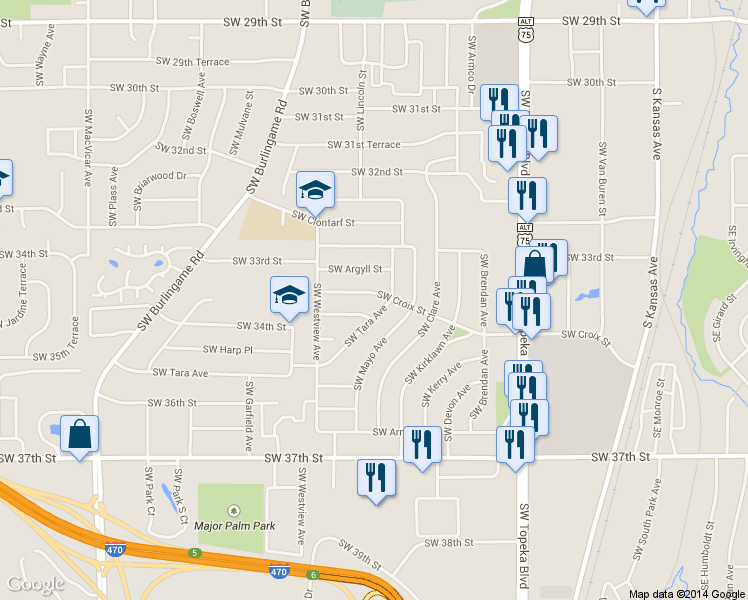 map of restaurants, bars, coffee shops, grocery stores, and more near 1313 Southwest Croix Street in Topeka