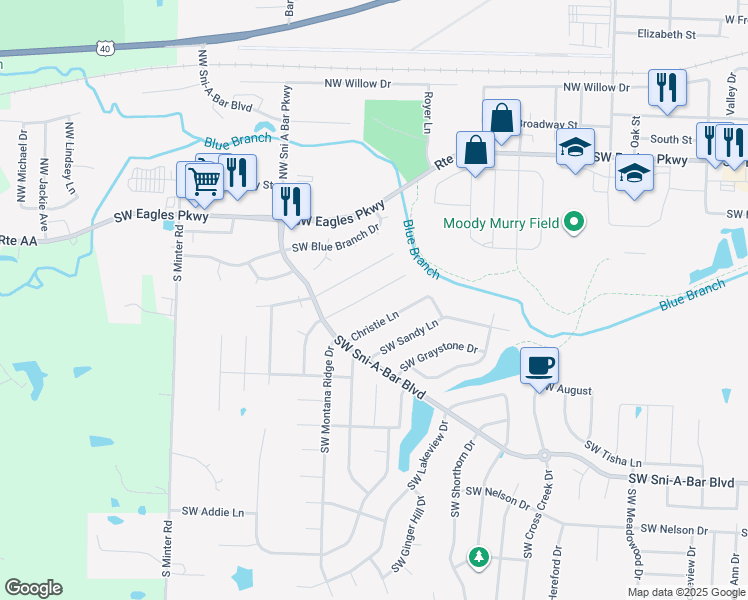 map of restaurants, bars, coffee shops, grocery stores, and more near 1115 Ephraim Drive in Grain Valley