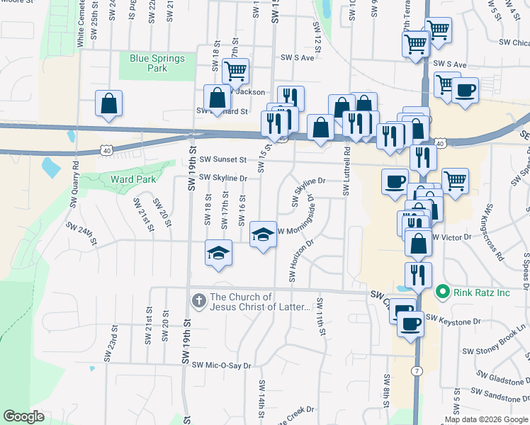 map of restaurants, bars, coffee shops, grocery stores, and more near 1012 Southwest 15 Street in Blue Springs