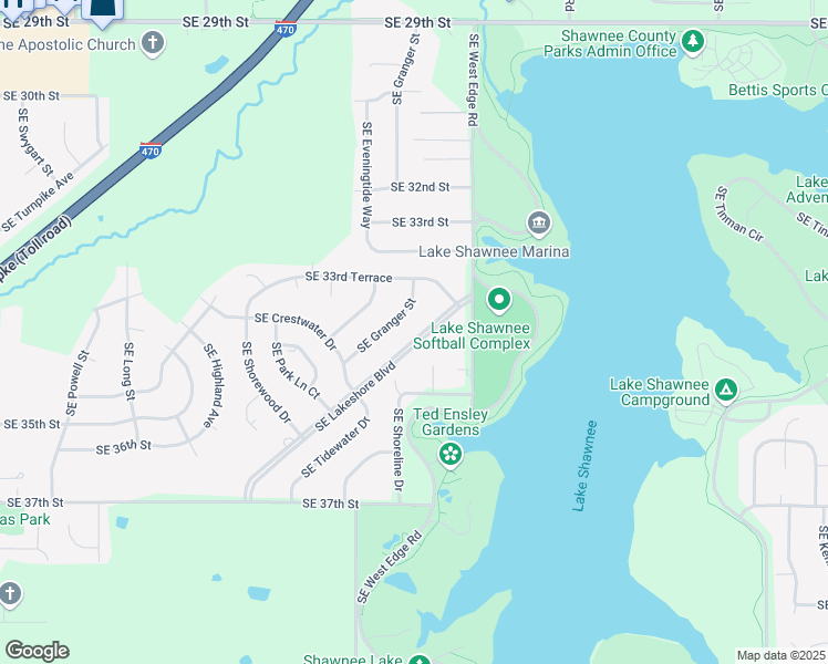 map of restaurants, bars, coffee shops, grocery stores, and more near 2738 Southeast Lakeshore Boulevard in Topeka