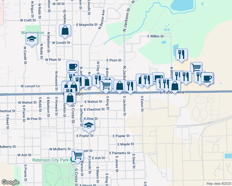 map of restaurants, bars, coffee shops, grocery stores, and more near 600 East 1050th Avenue in Robinson