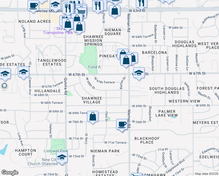map of restaurants, bars, coffee shops, grocery stores, and more near 11310 West 68th Street in Shawnee