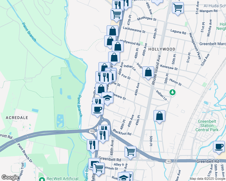 map of restaurants, bars, coffee shops, grocery stores, and more near 4710 Delaware Street in College Park