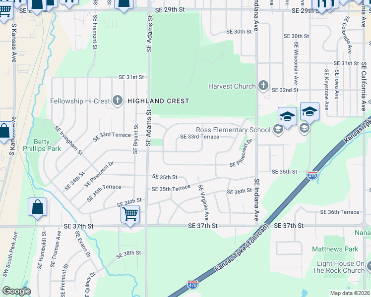 map of restaurants, bars, coffee shops, grocery stores, and more near 832 Southeast 34th Street in Topeka