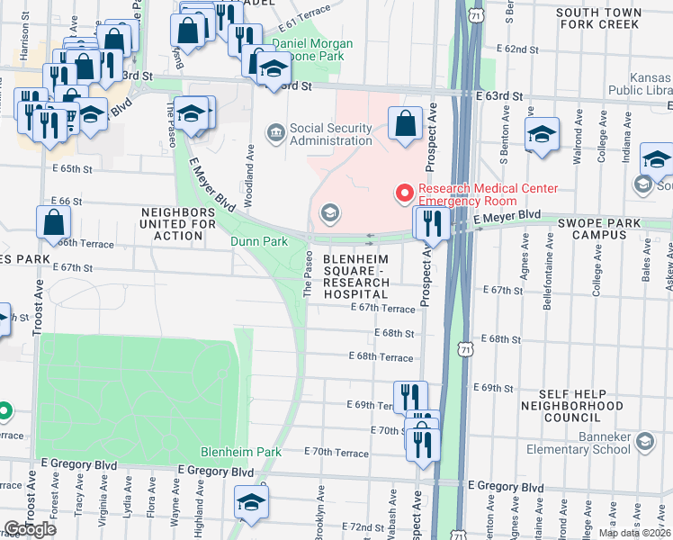 map of restaurants, bars, coffee shops, grocery stores, and more near 6620 Brooklyn Avenue in Kansas City