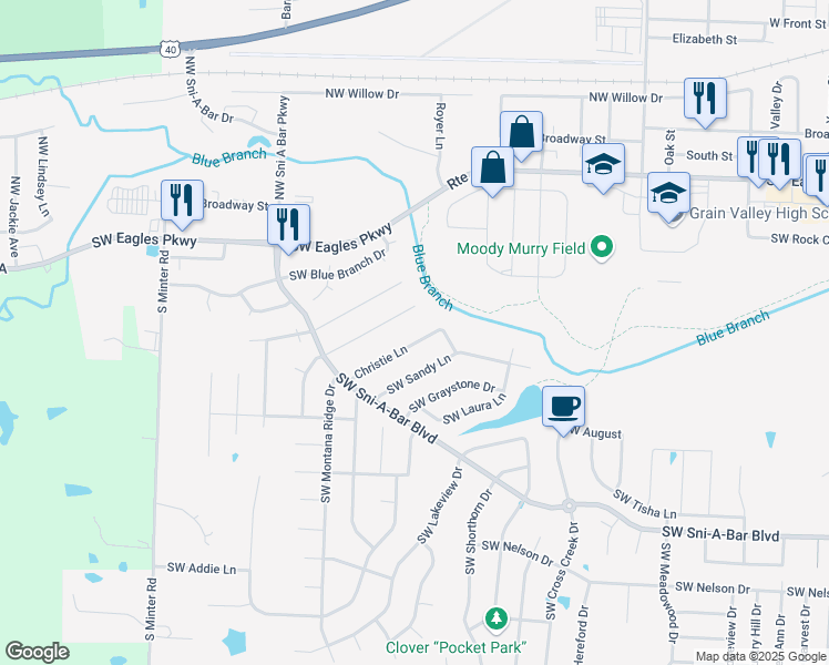 map of restaurants, bars, coffee shops, grocery stores, and more near 1014 Christie Ln in Grain Valley
