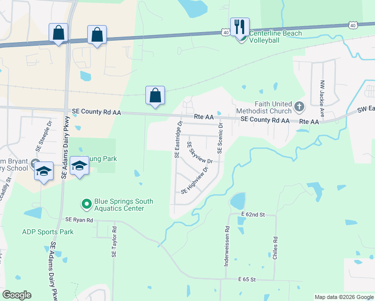 map of restaurants, bars, coffee shops, grocery stores, and more near 1115 Southeast Skyview Drive in Blue Springs