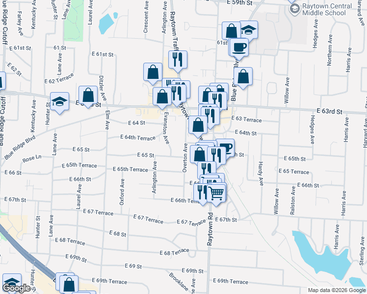 map of restaurants, bars, coffee shops, grocery stores, and more near 9809 East 64th Terrace in Raytown