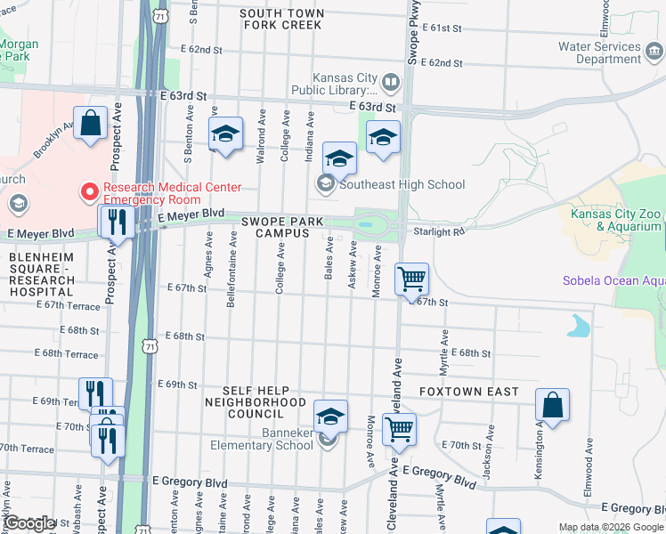 map of restaurants, bars, coffee shops, grocery stores, and more near 6636 Bales Avenue in Kansas City