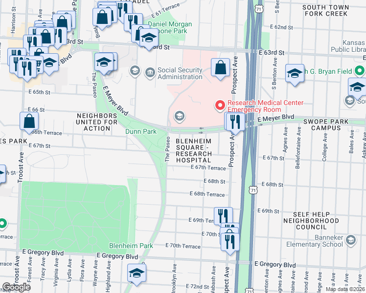 map of restaurants, bars, coffee shops, grocery stores, and more near 6620 Brooklyn Avenue in Kansas City