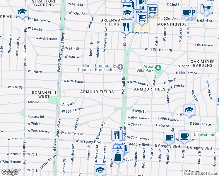 map of restaurants, bars, coffee shops, grocery stores, and more near 456 West 68 Street in Kansas City