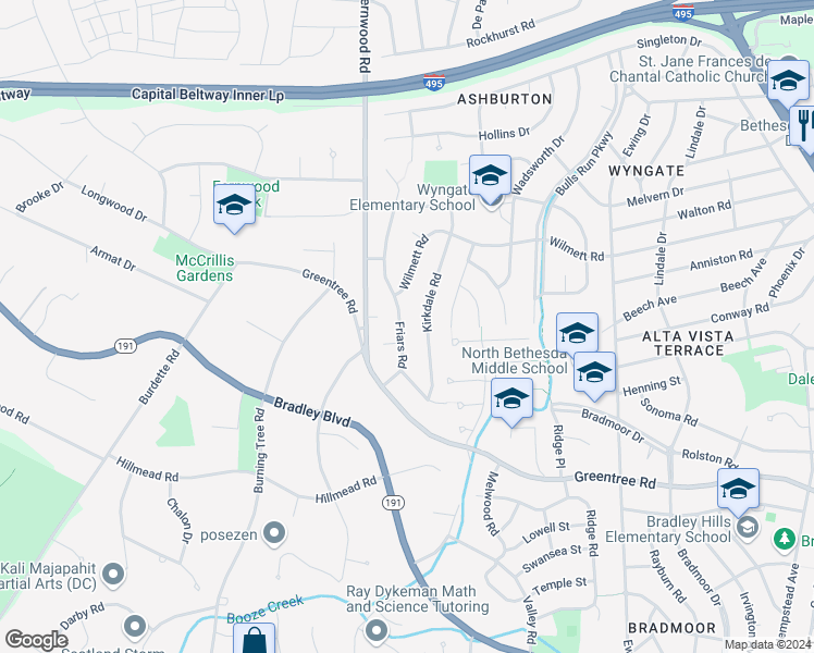 map of restaurants, bars, coffee shops, grocery stores, and more near 9113 Friars Road in Bethesda