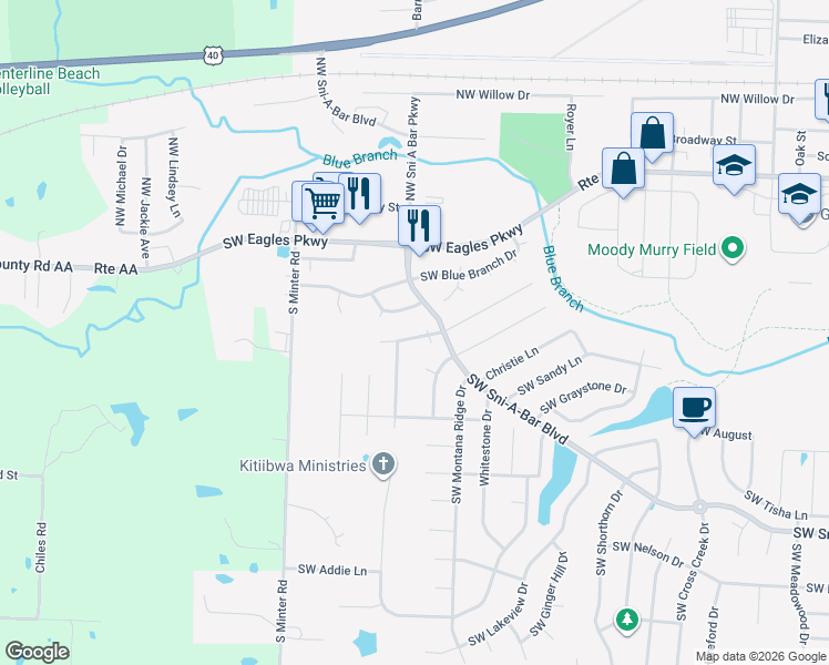 map of restaurants, bars, coffee shops, grocery stores, and more near 1204 Dean Drive in Grain Valley