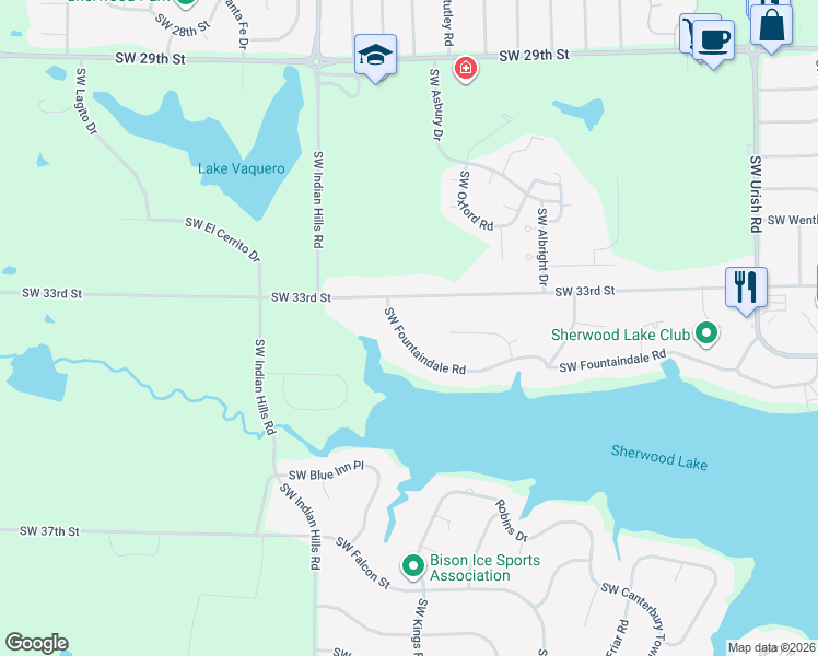 map of restaurants, bars, coffee shops, grocery stores, and more near 7324 Southwest Fountaindale Road in Topeka