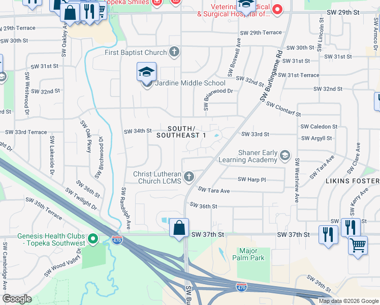 map of restaurants, bars, coffee shops, grocery stores, and more near 189 Southwest Pepper Tree Lane in Topeka