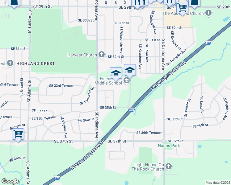 map of restaurants, bars, coffee shops, grocery stores, and more near 3400 Southeast Michigan Avenue in Topeka