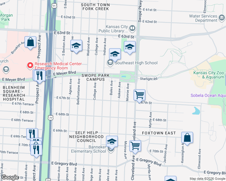 map of restaurants, bars, coffee shops, grocery stores, and more near 6636 Bales Avenue in Kansas City